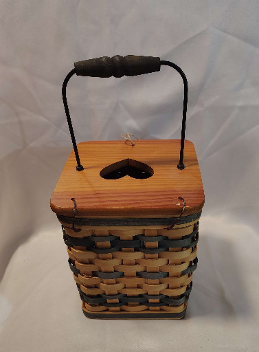 Woven wood and wicker basket tissue box cover with heart cutout lid and handle