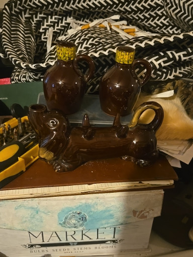 Ceramic novelty decanter set featuring a donkey pulling a wagon with barrel and shot glasses by Artmark Japan