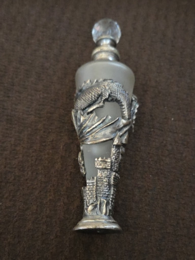 Frosted glass perfume bottle with pewter dragon and pagoda decoration