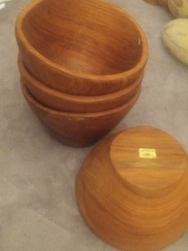 Teak wood serving bowl set with four individual bowls by Woodard & Charles, made in Thailand