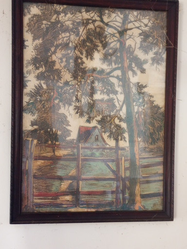 Framed watercolor painting depicting a rural landscape with trees and a white house behind a fence