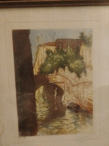 Watercolor painting depicting a Venetian canal scene with bridge, likely by Emanuele Brugnoli