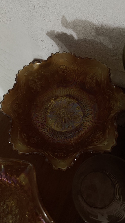 Carnival glass bowl with 'Dragon and Lotus' pattern by Fenton