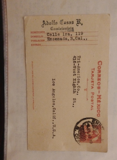 Vintage Mexican postal card addressed to Adolfo Casas R., Ensenada, Baja California