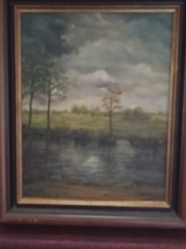 Olieverfschilderij getiteld 'Zonsondergang bij polder in Zuid-Holland' door Willem J. Pasman
