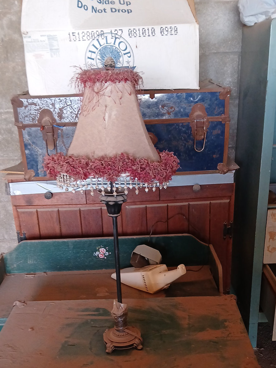 Vintage table lamp with fabric shade and beaded trim