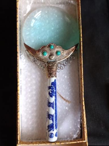 Magnifying glass with blue-and-white porcelain handle and silver filigree mount with turquoise cabochons