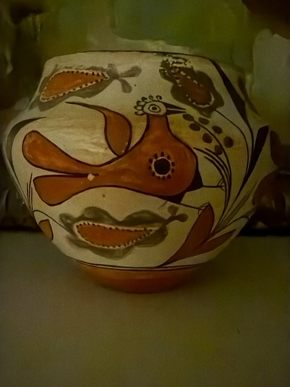Acoma Pueblo polychrome pottery jar with bird and floral motifs