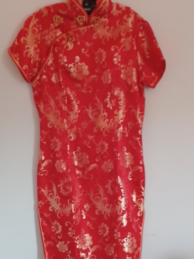 Red silk brocade qipao (cheongsam) dress with gold dragon and floral motifs by Sue's Fashion