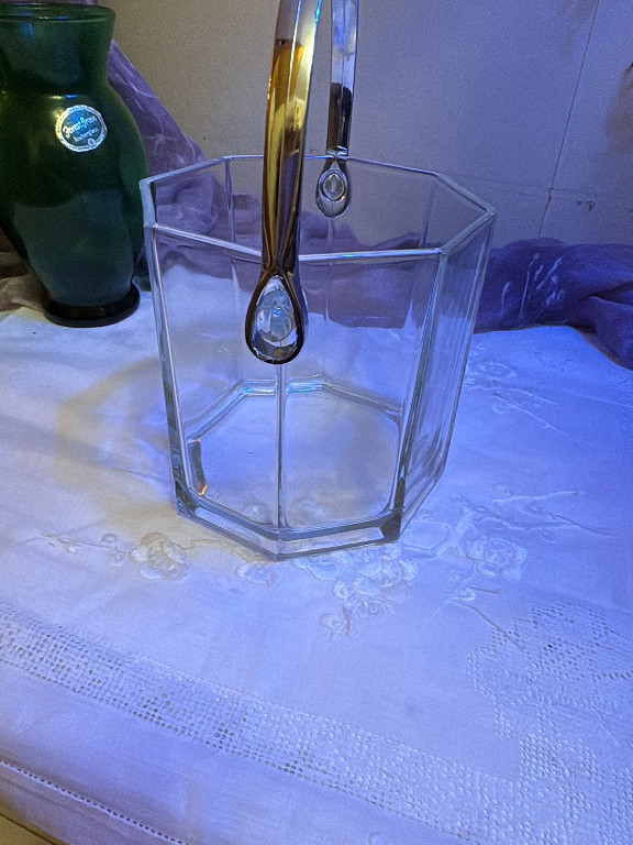 Clear glass ice bucket with chrome handle by Luminarc France, 'Octime' pattern