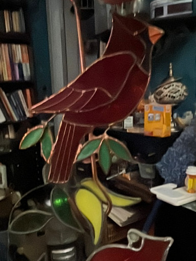 Stained glass cardinal suncatcher with plant hook