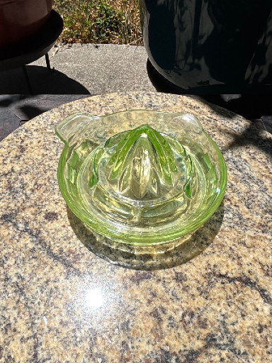 Green uranium glass citrus reamer/juicer from the Depression era