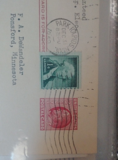Vintage 1958 postal card with U.S. postage stamps featuring Parkening postmark