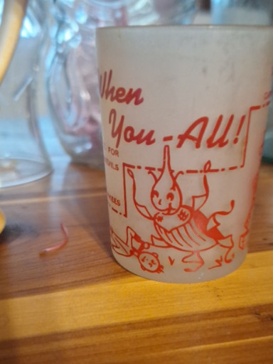 Frosted glass shot glass titled 'Say When You-All!' by Hazel Atlas