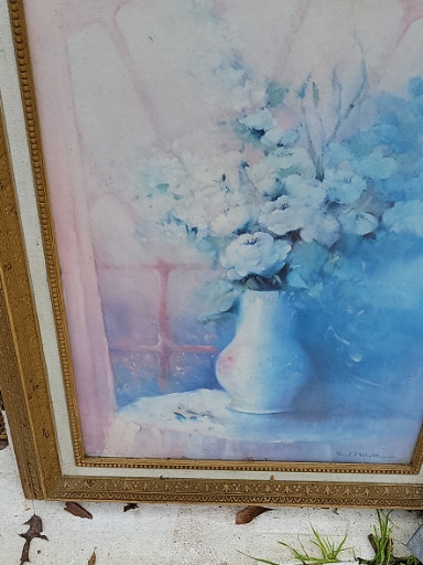 Decorative print of blue floral arrangement in vase, mass-produced Home Interiors décor piece