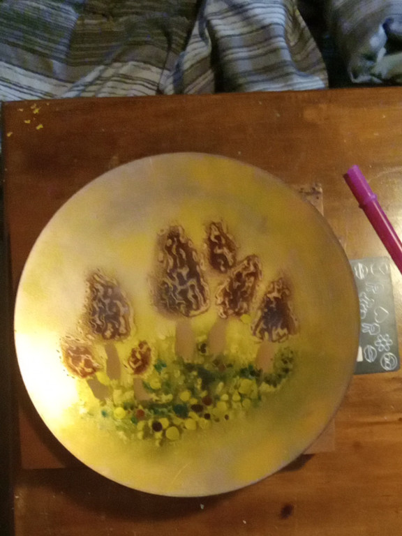 Enamel on copper decorative plate with morel mushroom design