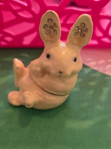 Enameled ceramic jeweled bunny rabbit hinged trinket box