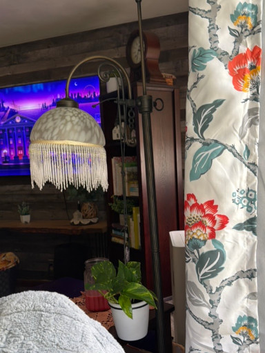 Victorian-style floor lamp with mottled glass dome shade and beaded fringe