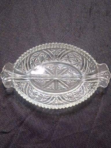 Clear pressed glass divided relish dish with handles, 'Stars and Bars' pattern by Anchor Hocking