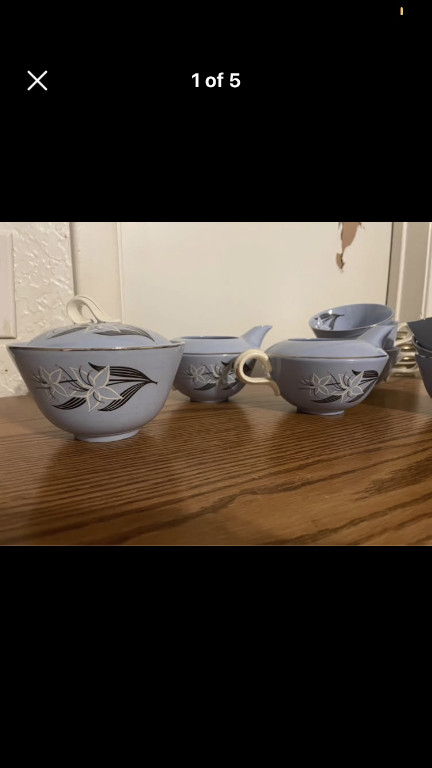 Ceramic tea service set in Skytone blue with 'Marcia' pattern by Homer Laughlin