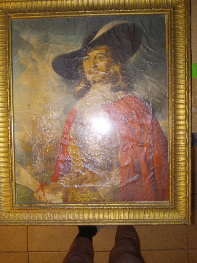 Poster with oil paint overlay depicting 'The Cavalier' advertising character for Lord Cavalier Distilleries, artwork by Marshall Frantz
