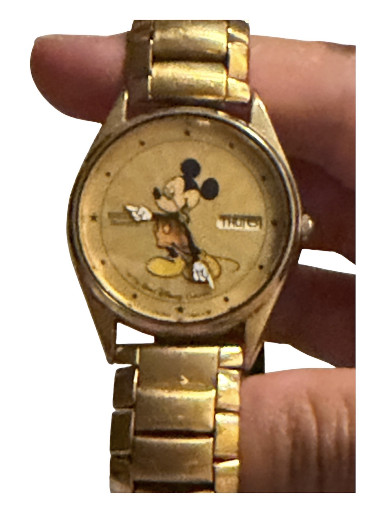 Gold-tone Seiko Mickey Mouse wristwatch with starburst dial, circa 1980s