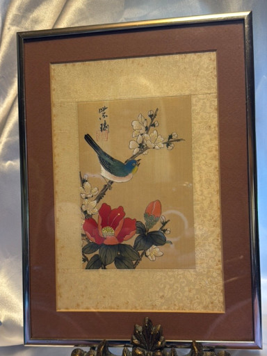 Watercolor painting on silk depicting a bird on a flowering branch with Chinese calligraphy and red seal