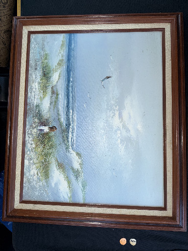 Oil painting depicting a coastal beach scene with seagulls