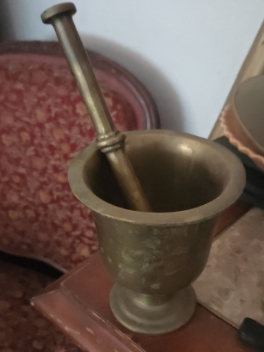Brass mortar and pestle with pedestal base
