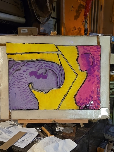 Mixed media painting on board in Pop Art style with bold yellow, purple, and pink colors