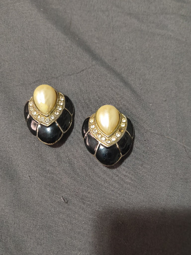 Vintage gold-tone pierced earrings with faux pearl cabochons, black enamel, and rhinestone accents