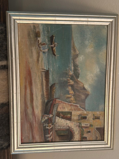 Oil painting depicting a Mediterranean coastal village with boats