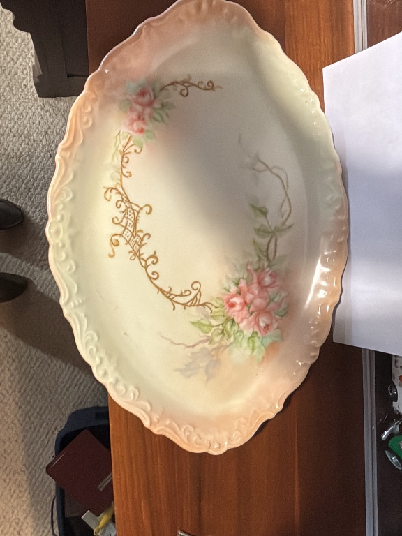 Hand-painted porcelain serving tray with pink floral decoration and gold scrollwork