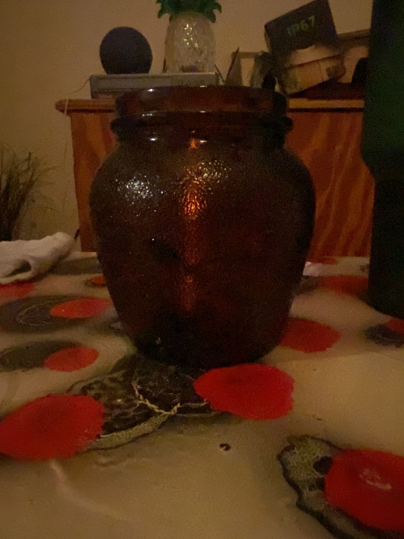 Amber glass jar for Puritan Original Dutch Oven Baked Beans with 'Patent Pending' embossing