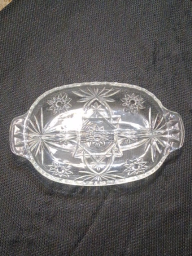 Clear pressed glass divided relish dish in the 'Early American Prescut' (EAPC) pattern by Anchor Hocking