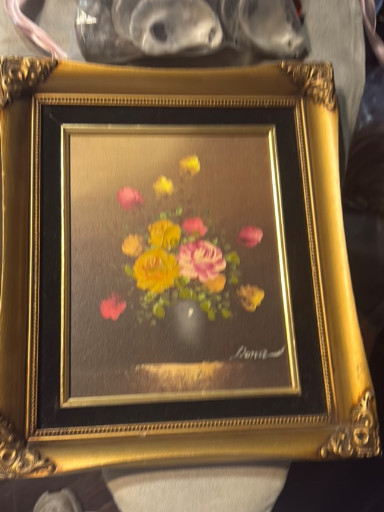 Oil painting on canvas titled 'Floral Still Life' by Daniel, mid-century modern style