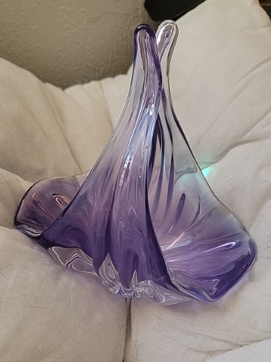 Murano-style glass sculpture in purple and clear glass with organic flowing form
