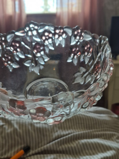Crystal glass bowl with raised floral design and frosted leaves by Mikasa Carmen (Walther Glas)