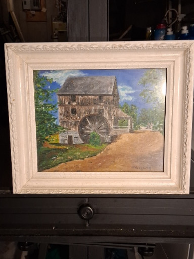 Oil painting depicting a rustic water mill with wheel by Greg Ling