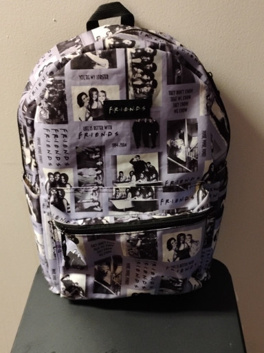 Licensed 'Friends' TV show backpack featuring black-and-white photo collage design