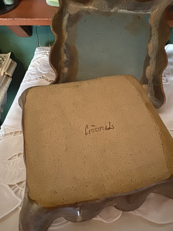 Handmade stoneware pottery tray with scalloped edges by Crossroads