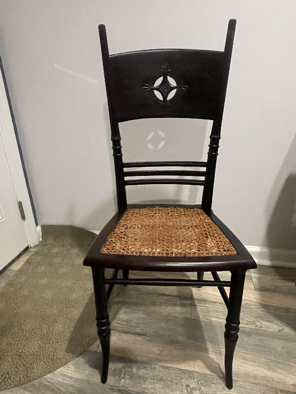 Wood side chair with woven rush seat titled 'First Edition Lambert Hitchcock Chair' by Lambert Hitchcock