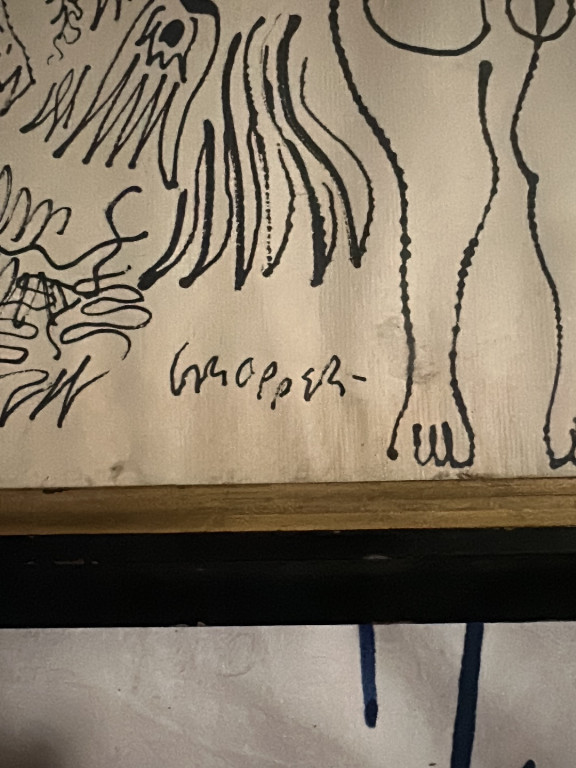 Ink drawing on paper depicting a ram and ewes, signed by Jacques Hnizdovsky