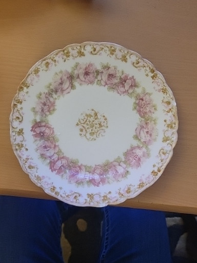 Porcelain plate with pink rose garland decoration by Haviland Limoges