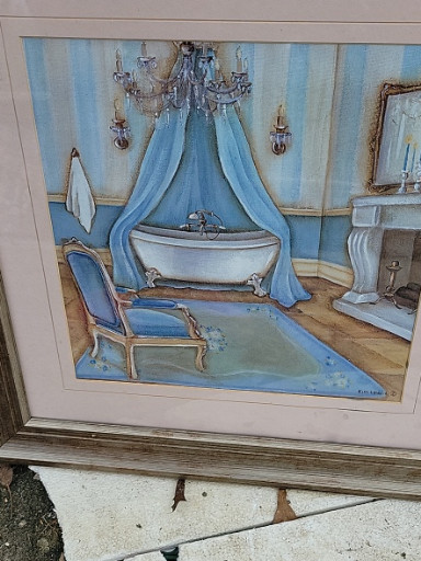 Framed decorative print titled 'Blue Bath' by Kim Lewis