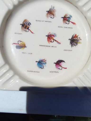Porcelain ashtray featuring hand-tied fly fishing lures by Hyalyn Pottery