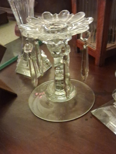 Glass candlestick holder with prisms, 'Queen Ann' pattern by A.H. Heisey & Company