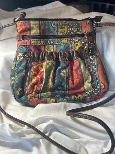 Fossil multicolor patchwork canvas and leather crossbody bag