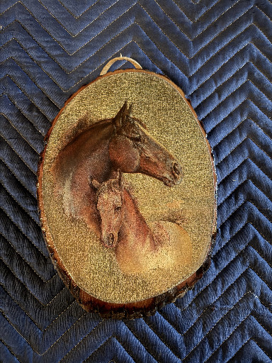 Decorative wood slice with decoupage horse image titled 'Trees of Mystery Shrine of Thor Redwoods'