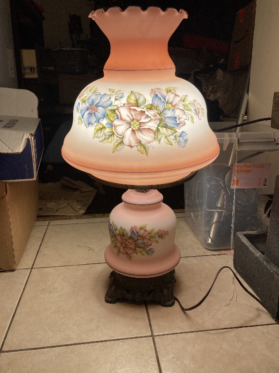 Milk glass hurricane table lamp with hand-painted floral decoration by Quoizel